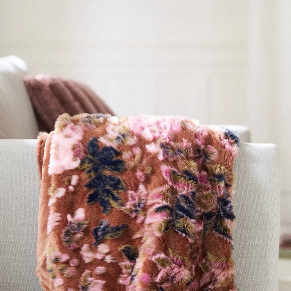 Anthropology Seren Floral Jacquard Faux Fur Throw Blanket - Picture 4 of 10